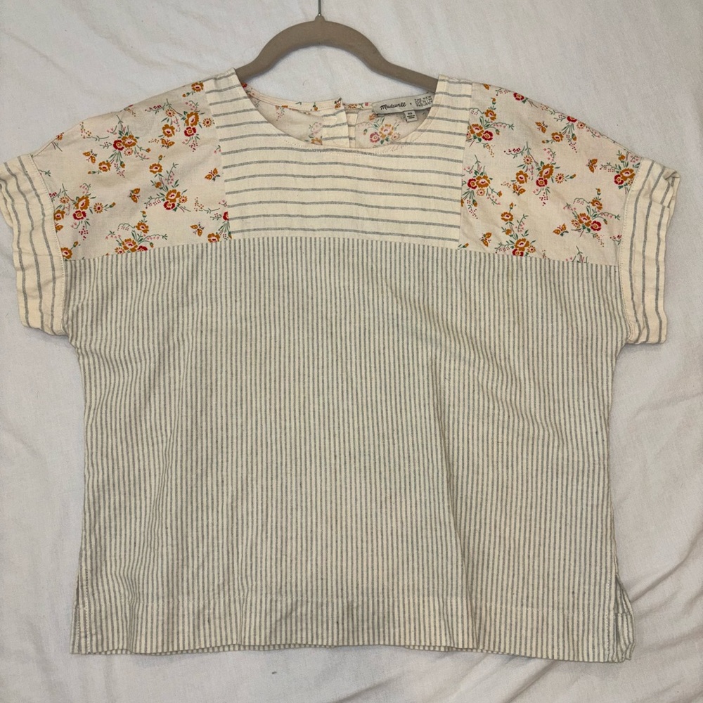 Madewell Cream and Blue Striped Floral Blouse